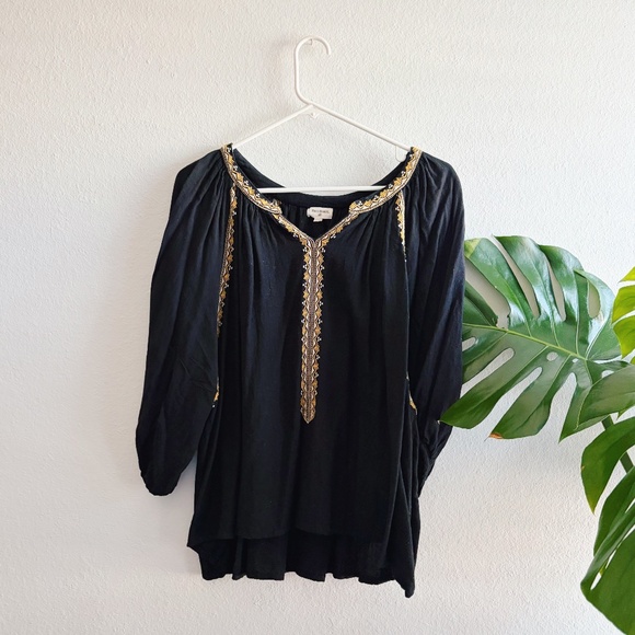 Cost Plus World Market Tops - World Market Black Boho Blouse with White and Yellow Embroidery